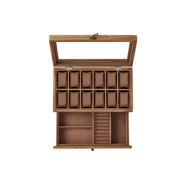 SONGMICS Watch Box with 12 Slots, 2-Tier Wood Watch Case with Large Glass Lid UKJOW012K01