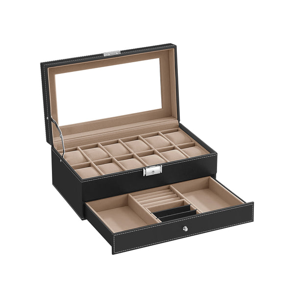 SONGMICS 2-Tier Lockable Watch Box with 12 Slots and Drawer UKJWB012