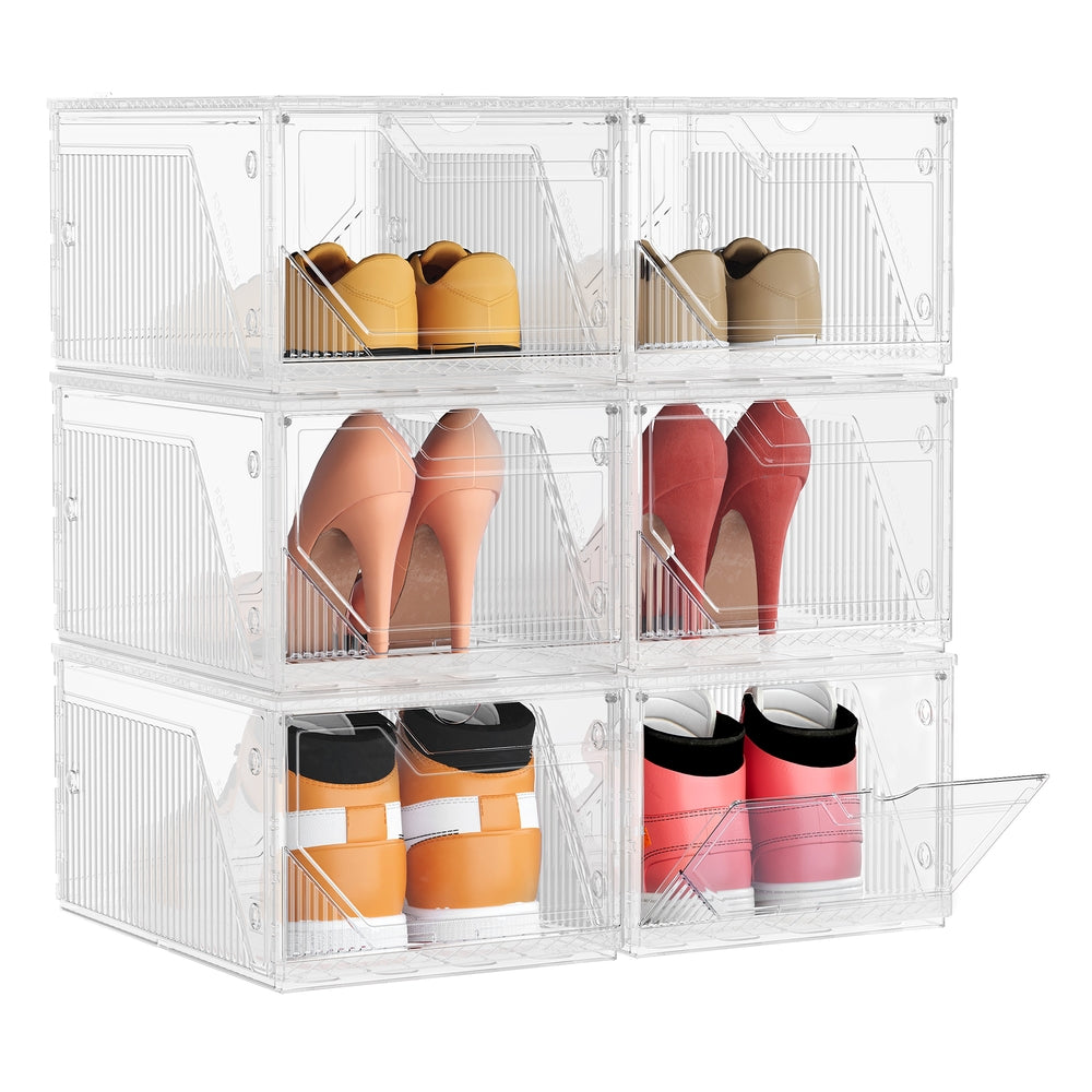 Stackable clear shoe boxes with magnetic front doors