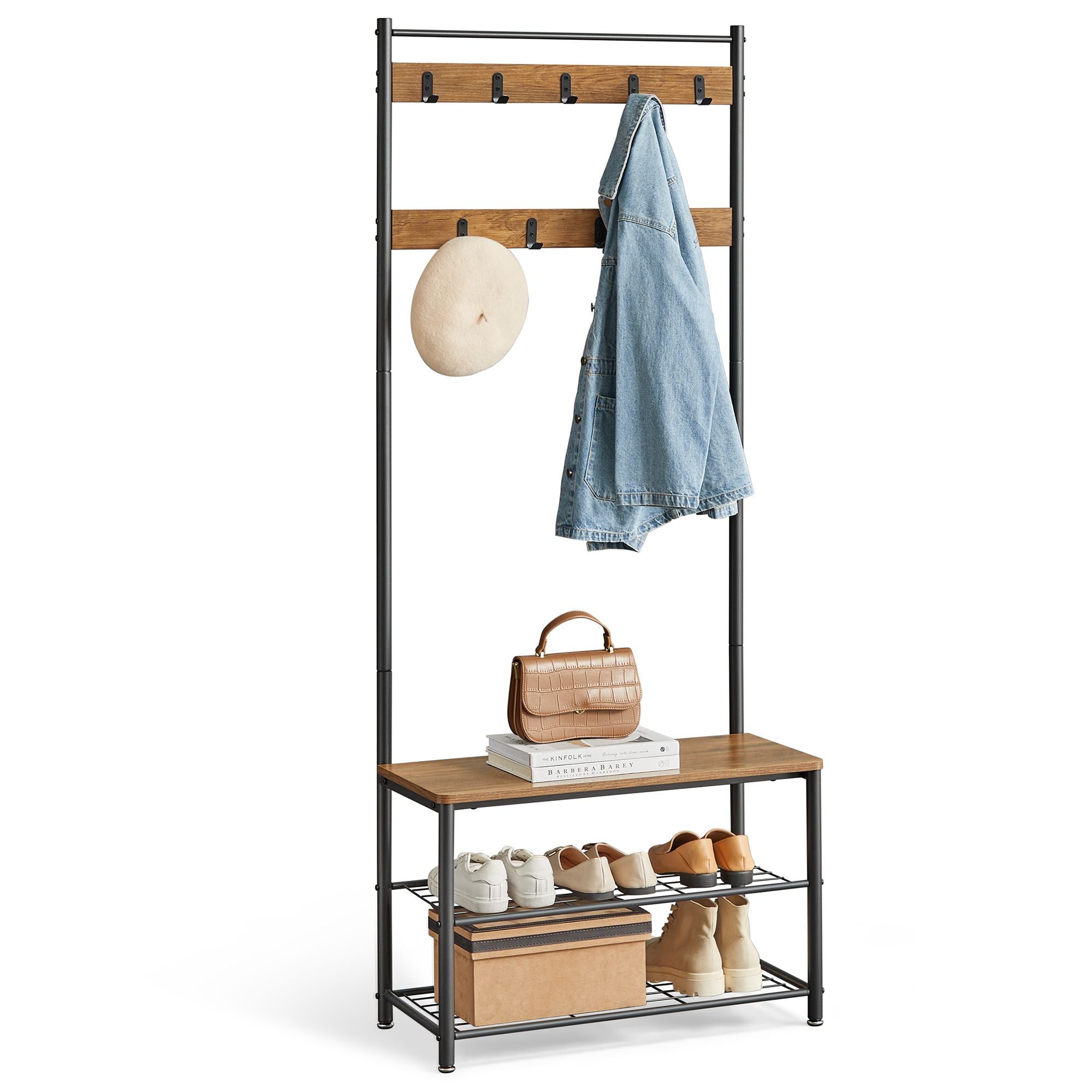 Vasagle Steel Framed Coat Rack with Shoe Storage Bench (Honey Brown & Black / Greige &