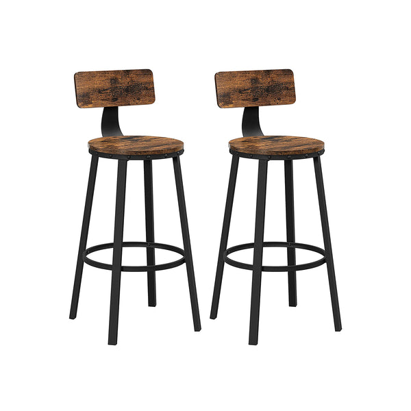 Set of 2 Industrial Brown Bar Stools with Backrests