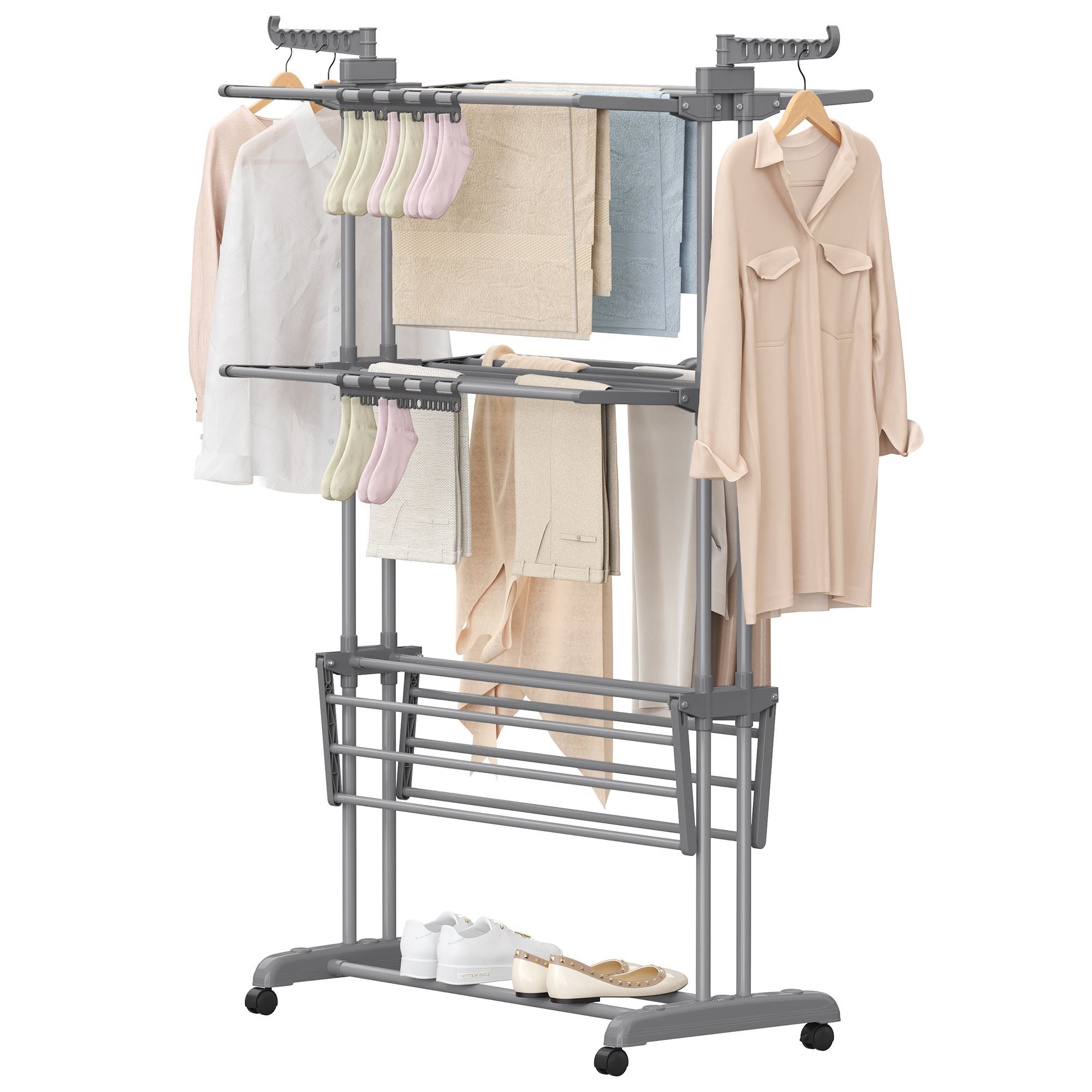Songmics Stainless Steel 4-Tier Portable Foldable Clothes Airer with Lockable Wheels