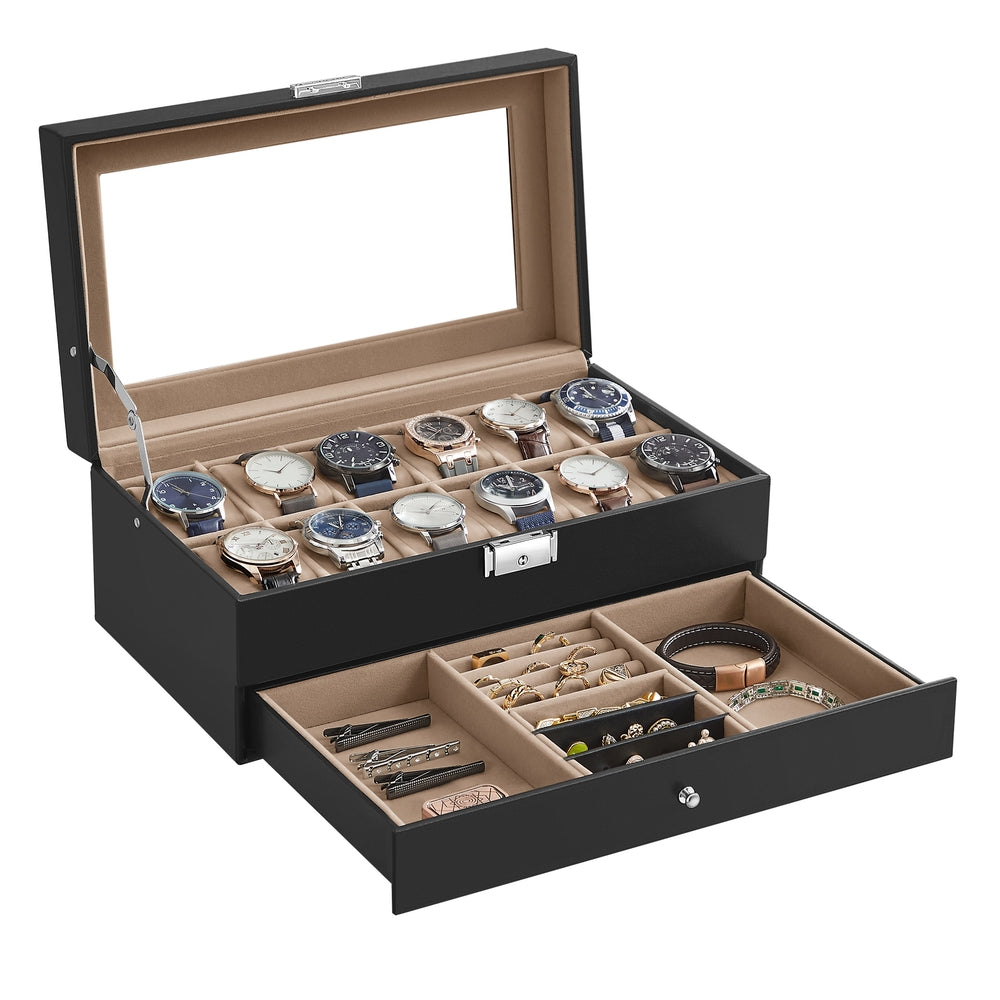 2 Tier Lockable Watch Box 12 Slots Drawer