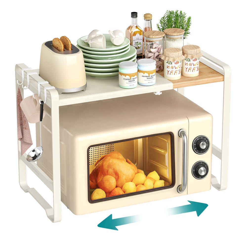Expandable microwave shelf with adjustable kitchen storage