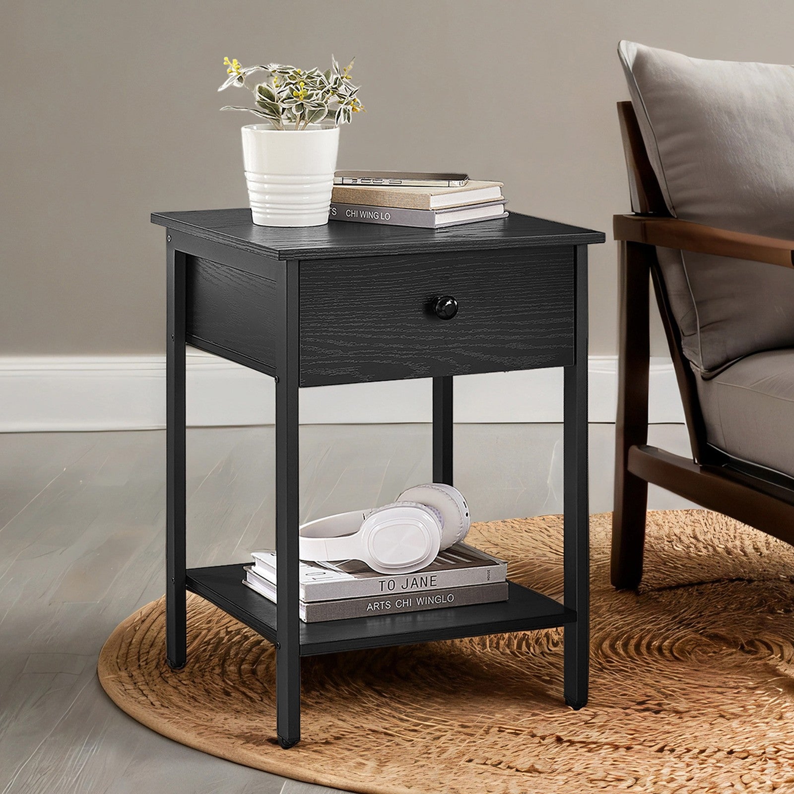 Bedside Table, Side Table with Drawer and Shelf