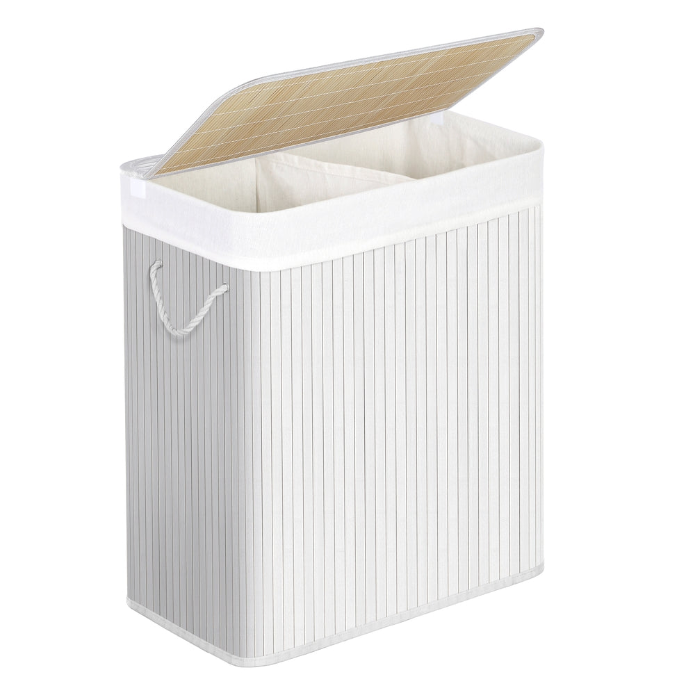 White SONGMICS 100L bamboo laundry basket with lid and two sorting sections