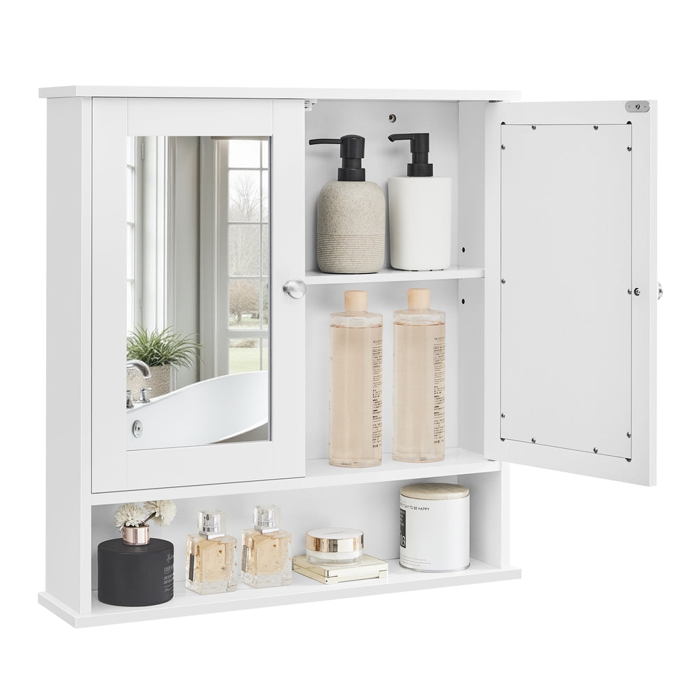 Wall Mounted Bathroom Cabinet 2 Mirrored Doors Open Compartment