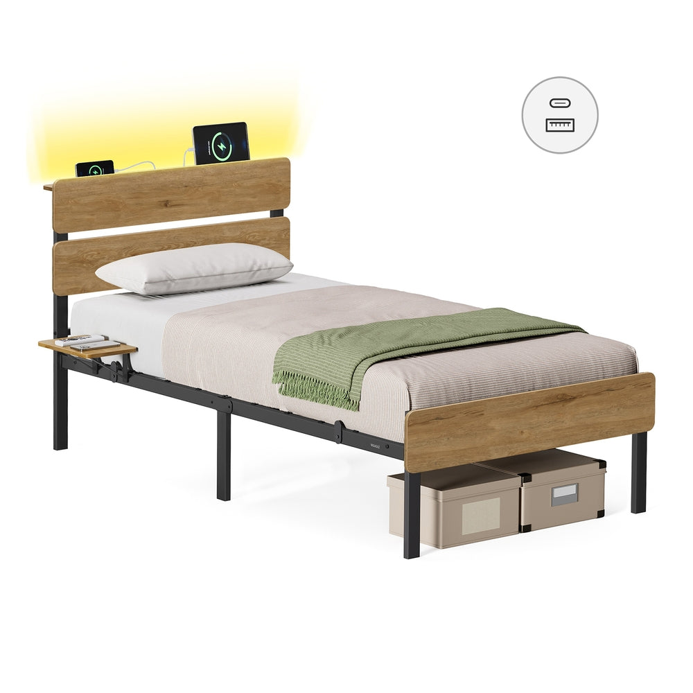 Metal bed frame LED lights USB ports under bed storage